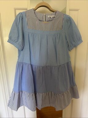 English Factory Light Blue Tiered Babydoll Dress with Striped Yoke